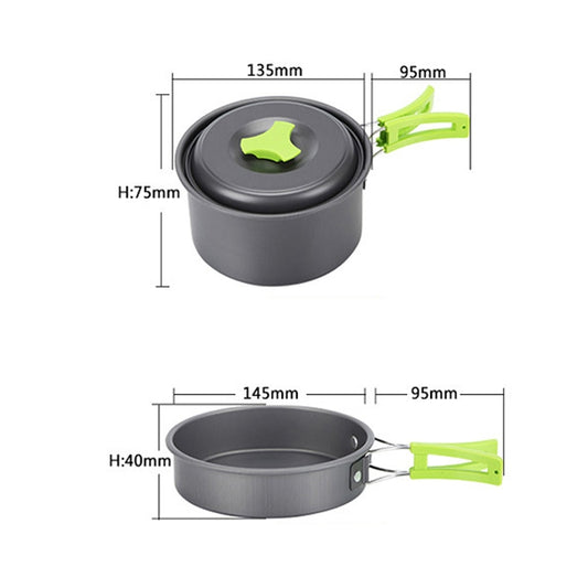 Grey small pot and lid with green knob, shown with size dimensions diagram