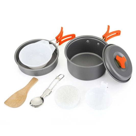 Grey camping cookware set: two pots, lids, bowls, spoon set, bamboo spatula, orange handles