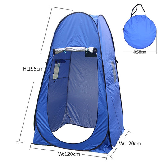 Blue pop-up changing and bathing tent with side opening, window panel, and mesh screen