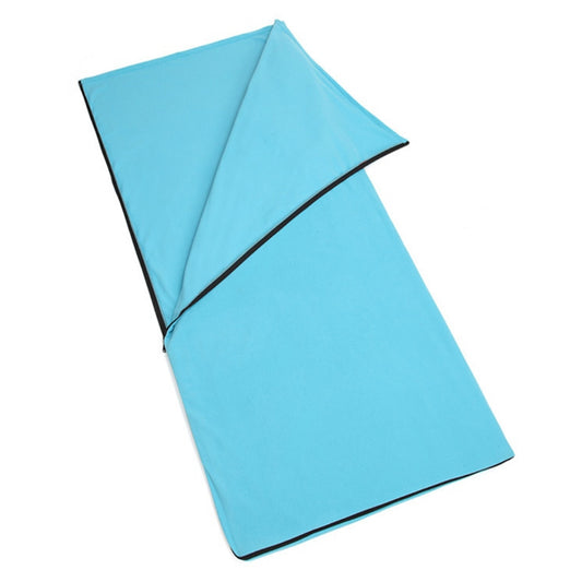 Fleece camping sleeping bag, light blue, folded with black-trimmed zipper seam.