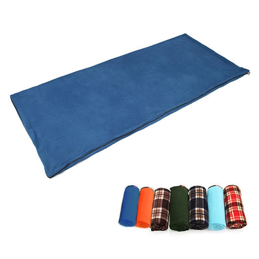 Fleece camping sleeping bag, blue, flat with side zipper and rounded corners.