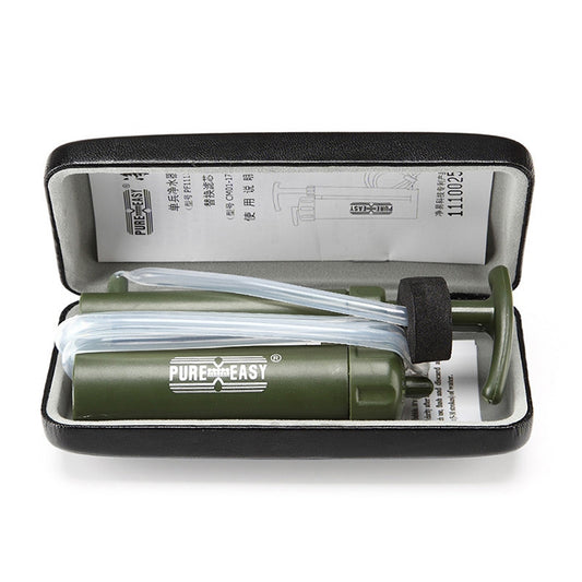 Portable water filter pump packed in black case with filter cartridge and hose