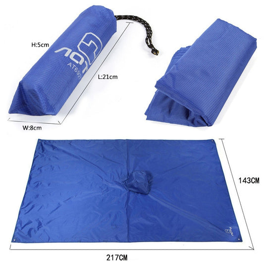 Blue multifunctional rain poncho and picnic blanket set, folded and flat with dimensions
