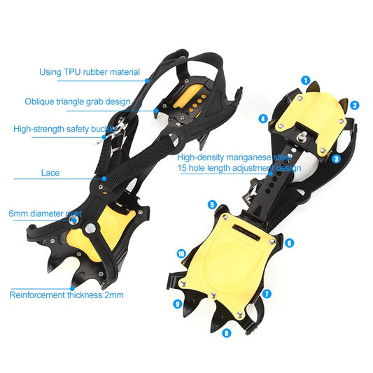 Yellow ice gripper snow shoe covers with black straps and 10 metal teeth