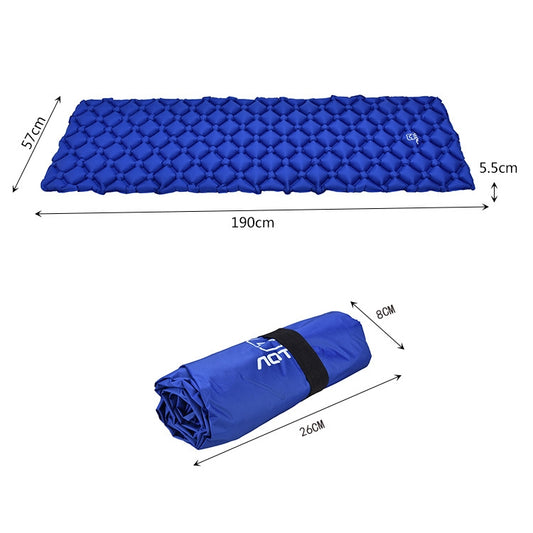 Blue inflatable camping air mattress cushion with size marks; rolled storage view.