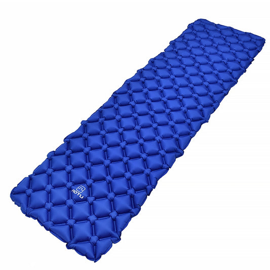 Blue inflatable camping air mattress cushion with raised diamond grid texture.