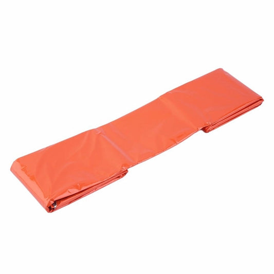 Orange thermal envelope sleeping bag folded flat for camping storage