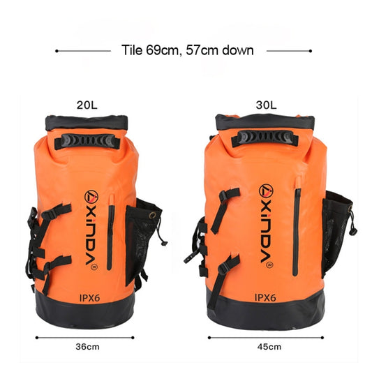 Waterproof roll-top storage bag shown in orange, with 20L and 30L sizing views