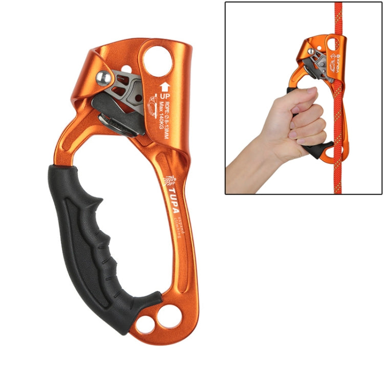 Handheld left-hand rope gripper with orange metal frame and black trigger handle.