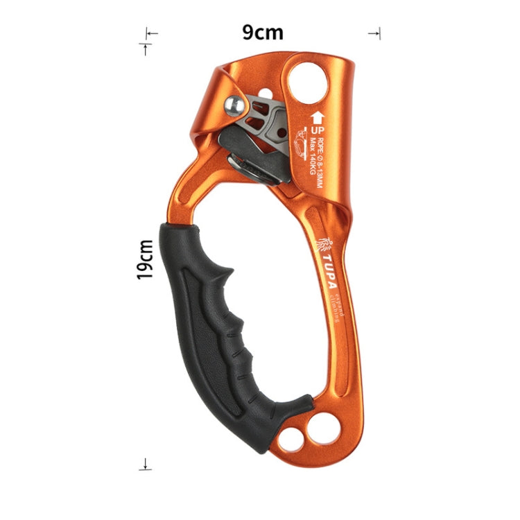 Handheld left-hand rope gripper, orange frame and black handle; shown with size markings.