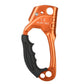 Handheld left-hand rope gripper with orange frame, CE marking, and black hand loop.