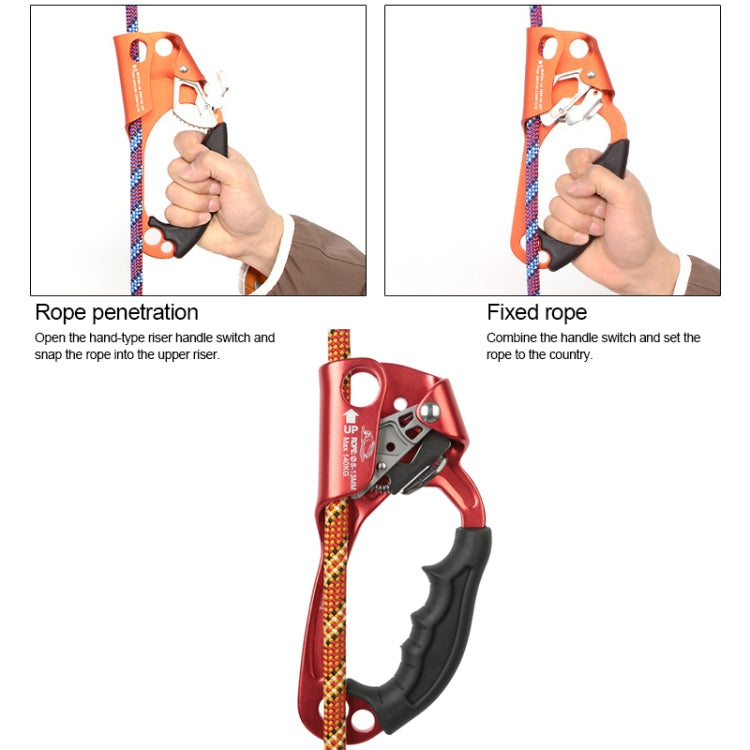 Handheld left-hand rope gripper with rope threading steps and black trigger handle.