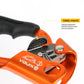 Thumb-operated rope gripper part with black textured thumb rest on orange body.