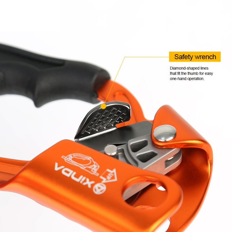 Thumb-operated rope gripper part with black textured thumb rest on orange body.