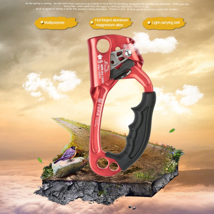 Handheld left-hand rope gripper with orange metal frame and black trigger handle.