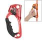 Handheld left-hand rope gripper, red-orange frame with black handle and rope attachment.