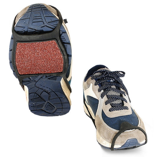 Double-sided non-slip shoe covers with red coarse-grip patch and blue tread pattern