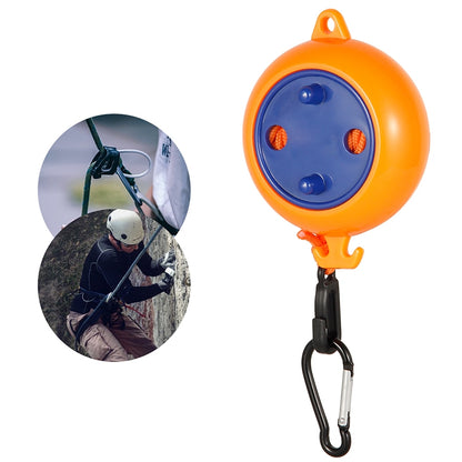 Orange and blue retractable clothesline reel with black carabiner clip