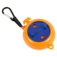 Orange retractable clothesline reel with blue center and black hanging clip