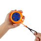 Retractable clothesline reel held in hand, orange housing and blue drum