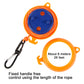 Orange retractable clothesline reel with extended rope and black carabiner clip