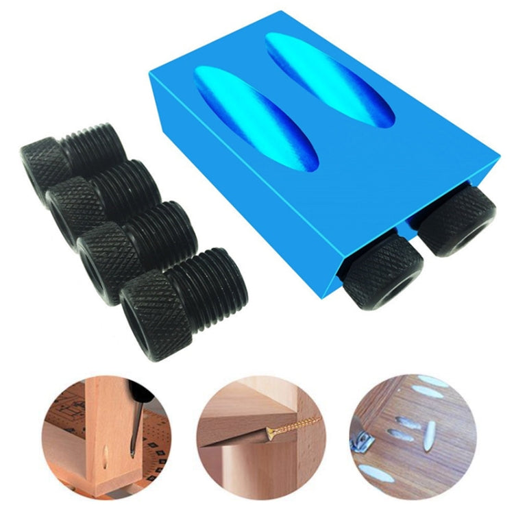 Blue 15° angled wood hole locator with two guide slots and black threaded inserts