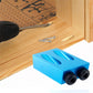 Blue hole locator on a wooden board with two black threaded sleeves and screws