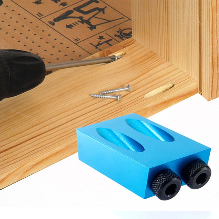 Blue hole locator on a wooden board with two black threaded sleeves and screws