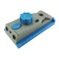 Gray and blue borehole locator tool with blue knob and engraved length scale