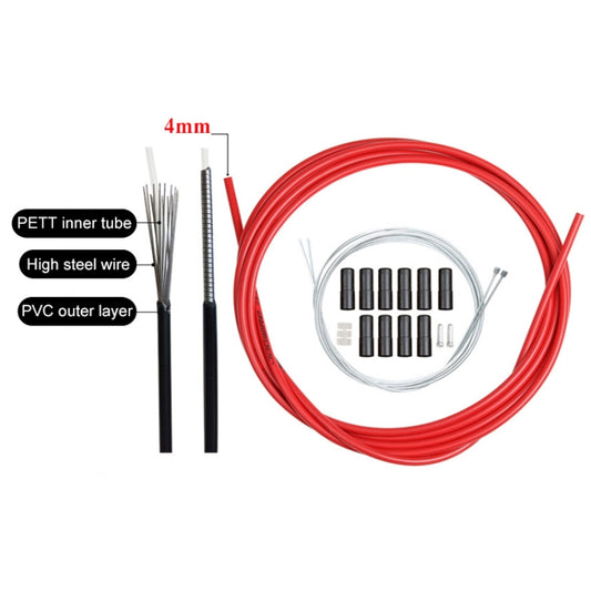 Bicycle gear cable set with red outer housing, inner wire, and black sleeves