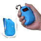 Blue compact foldable backpack pouch with black logo patch and drawstring top