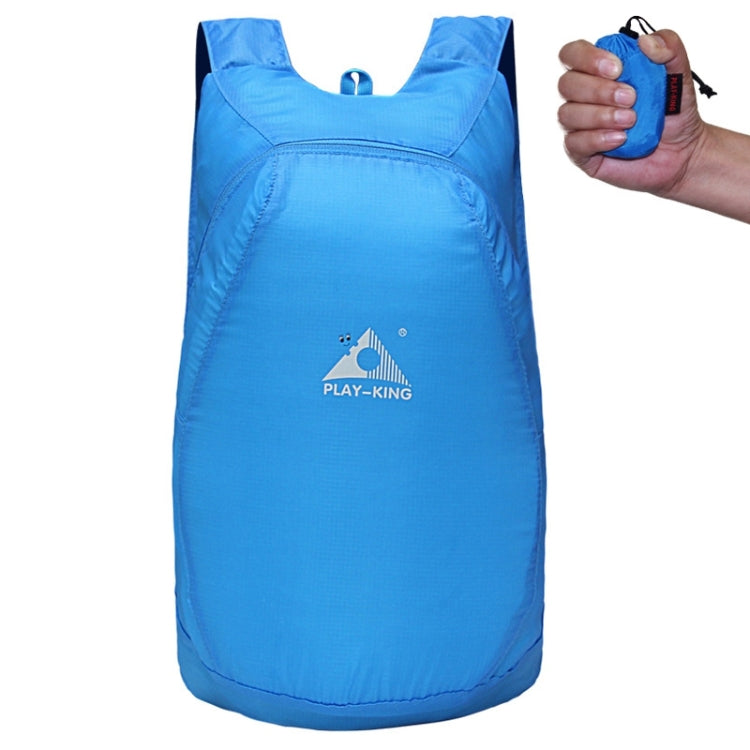 Foldable anti-splash backpack, blue with top carry loop and PLAY-KING logo.