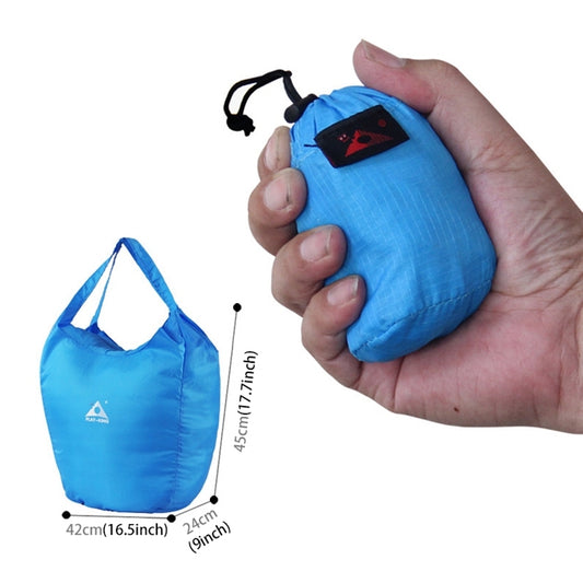 Blue foldable anti-splash handheld bag with wide open top and compact pouch