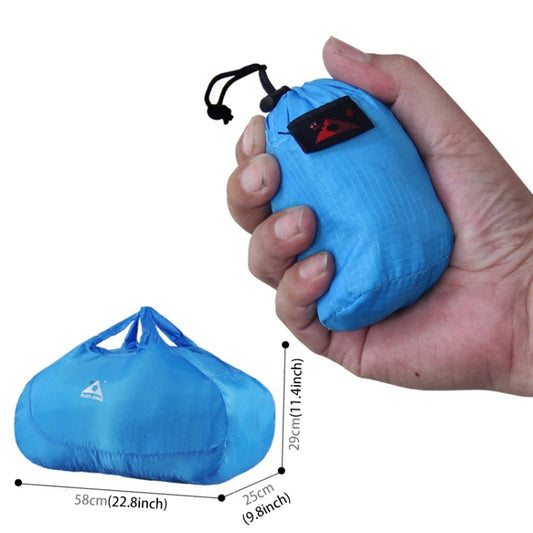 Blue foldable anti-splash travel bag with top handle loop, held in hand