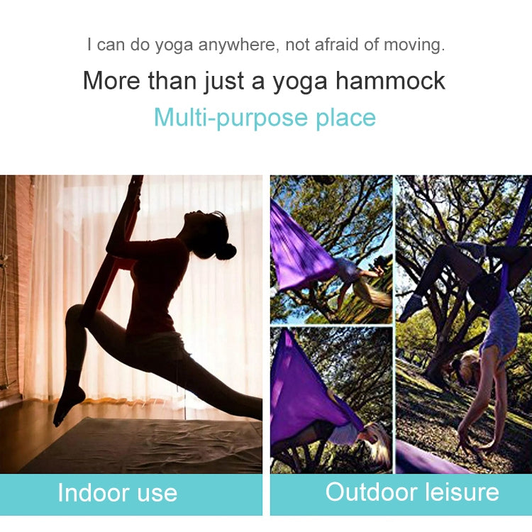 Aerial yoga hammock in turquoise nylon mesh, suspended with straps