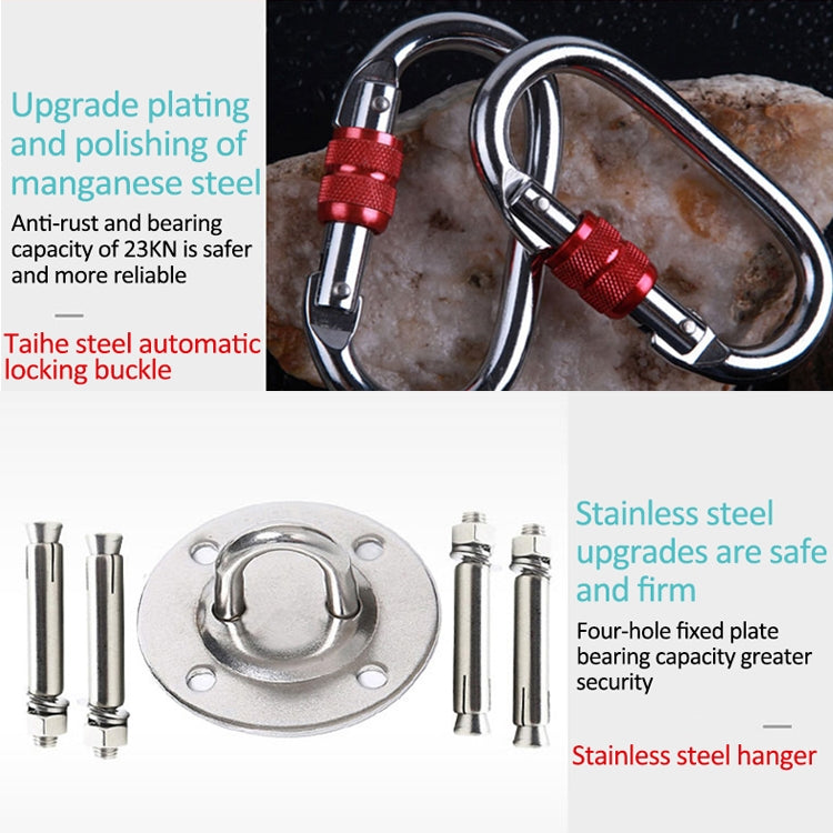 Aerial yoga hammock hardware set with red carabiners and stainless steel mounting plate