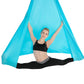 Light blue aerial yoga hammock with top ropes and spread fabric for poses