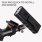 Bicycle front light with mounting clip and side button switch, close-up