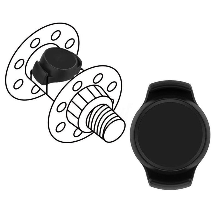Black round bicycle speed sensor with strap-style mounting band
