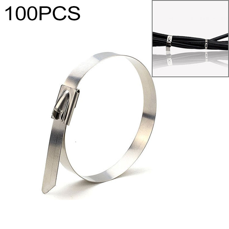 Stainless steel metal cable tie loop with locking band and strap buckle, silver