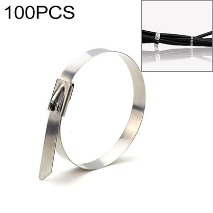 Stainless steel metal cable tie loop with locking band and strap buckle, silver