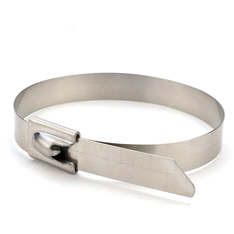 Stainless steel cable tie band with metal locking head, silver, open end