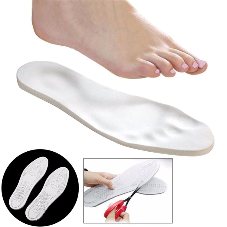 Pair of white memory foam insoles with curved arch support, shown in side profile