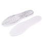 Pair of white memory foam insoles, angled and flat, with printed measurement lines