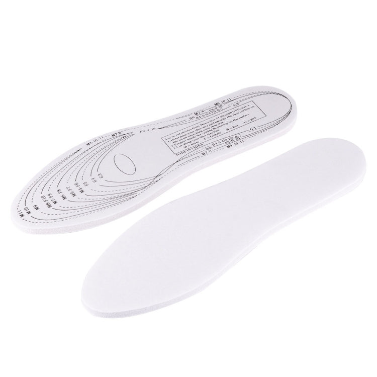 Pair of white memory foam insoles, angled and flat, with printed measurement lines