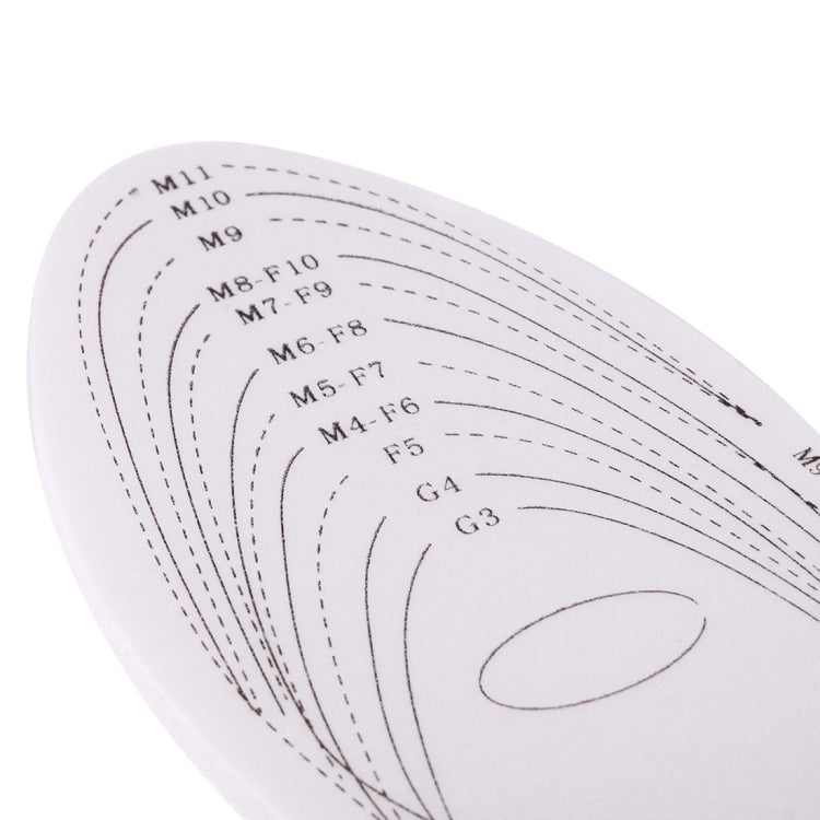 Close-up white insole showing contour lines and size numbers for trimming