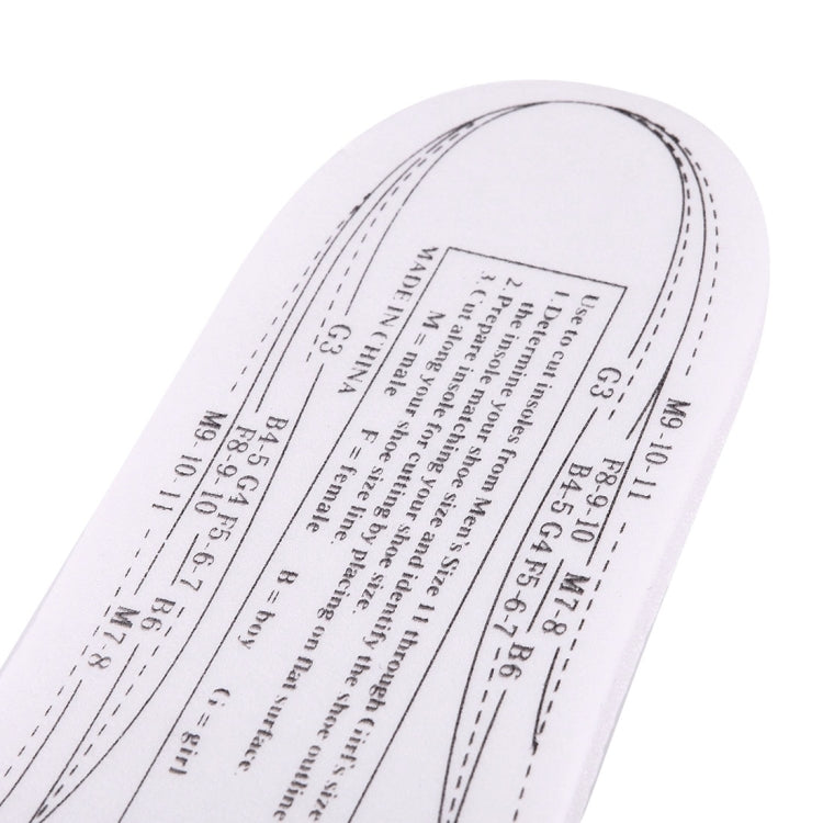 Close-up white insole with printed instructions and size chart markings