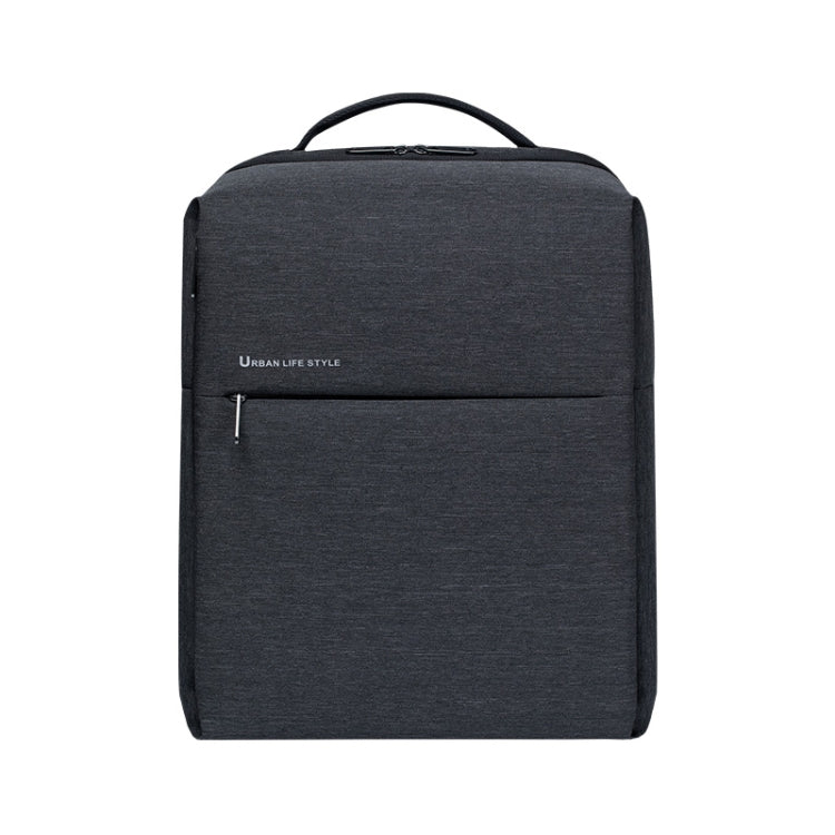 Dark gray laptop backpack with top handle and front zip pocket