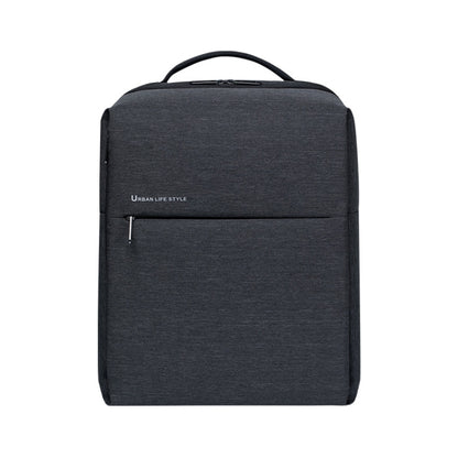 Dark gray laptop backpack with top handle and front zip pocket