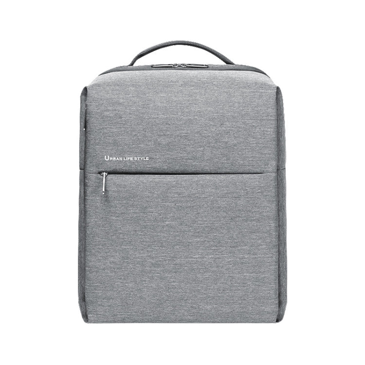 Light gray laptop backpack with top handle and front zip pocket